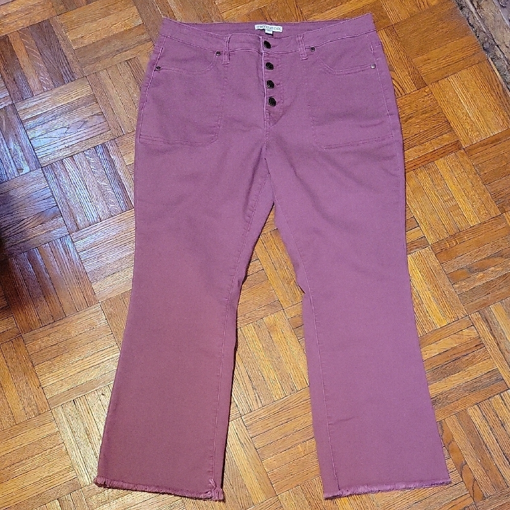 Frye & Co High Rise Button Fly Cropped Flare Raw Hem Mauve Jeans Size 14